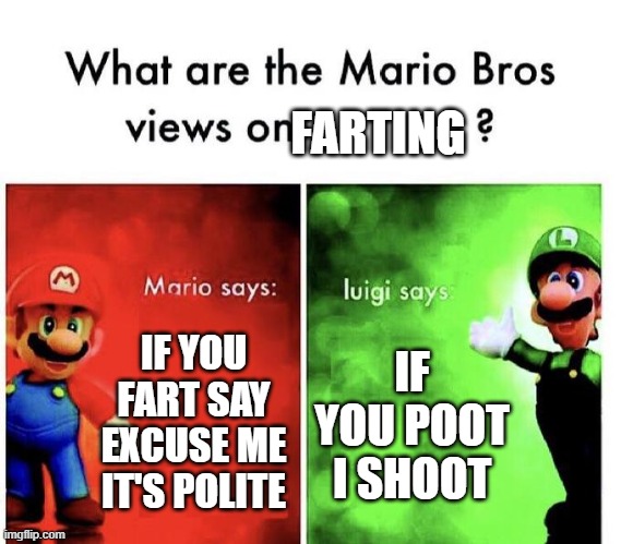 Mario Bros Views | FARTING; IF YOU FART SAY EXCUSE ME IT'S POLITE; IF YOU POOT I SHOOT | image tagged in mario bros views | made w/ Imgflip meme maker