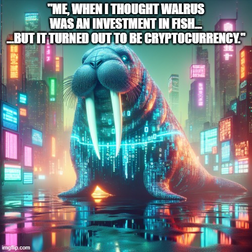 walrus | "ME, WHEN I THOUGHT WALRUS WAS AN INVESTMENT IN FISH...
...BUT IT TURNED OUT TO BE CRYPTOCURRENCY." | image tagged in walrus | made w/ Imgflip meme maker