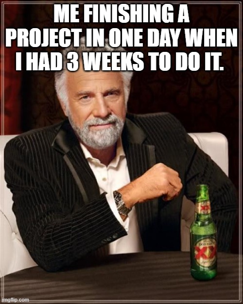 Me when i procrastinate | ME FINISHING A PROJECT IN ONE DAY WHEN I HAD 3 WEEKS TO DO IT. | image tagged in memes,the most interesting man in the world | made w/ Imgflip meme maker