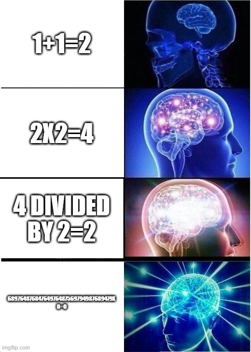 Expanding Brain Meme | 1+1=2; 2X2=4; 4 DIVIDED BY 2=2; 68976487684764976487569794987689479X 0=0 | image tagged in memes,expanding brain | made w/ Imgflip meme maker