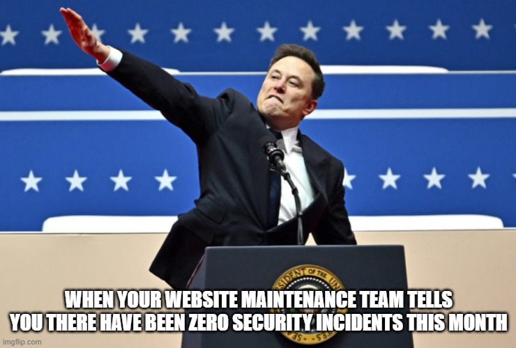 Nazi Elon | WHEN YOUR WEBSITE MAINTENANCE TEAM TELLS YOU THERE HAVE BEEN ZERO SECURITY INCIDENTS THIS MONTH | image tagged in nazi elon | made w/ Imgflip meme maker