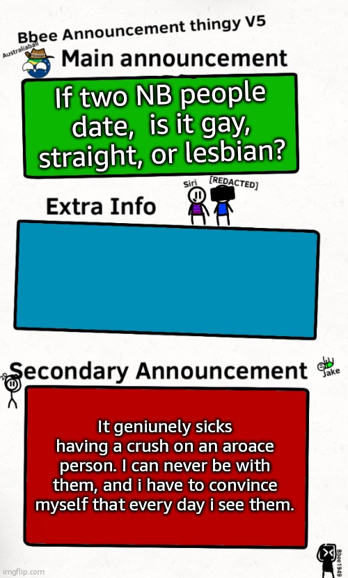 Ughhjh | If two NB people date,  is it gay, straight, or lesbian? It geniunely sicks having a crush on an aroace person. I can never be with them, and i have to convince myself that every day i see them. | image tagged in bbee announcement temp v5 | made w/ Imgflip meme maker