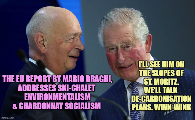 The great reset | THE EU REPORT BY MARIO DRAGHI,
ADDRESSES SKI-CHALET 
ENVIRONMENTALISM
& CHARDONNAY SOCIALISM; I'LL SEE HIM ON
THE SLOPES OF
ST. MORITZ.
WE'LL TALK 
DE-CARBONISATION
PLANS. WINK-WINK | image tagged in the great reset | made w/ Imgflip meme maker