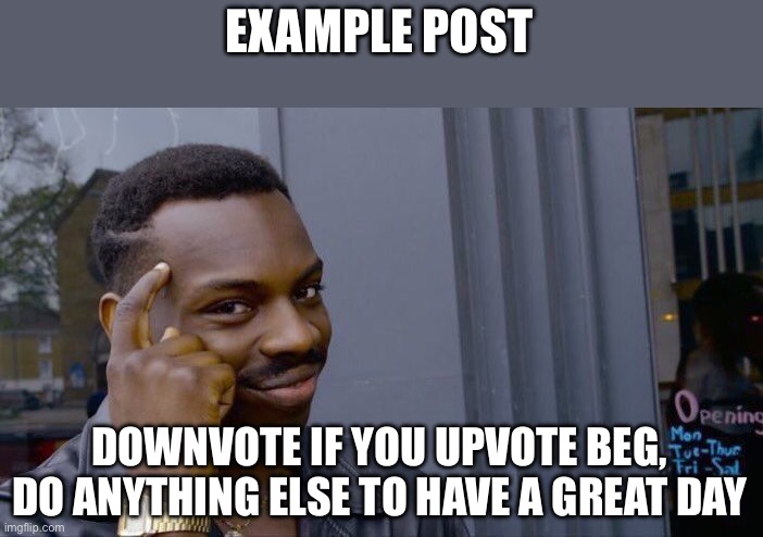 Example Post | EXAMPLE POST; DOWNVOTE IF YOU UPVOTE BEG, DO ANYTHING ELSE TO HAVE A GREAT DAY | image tagged in memes,roll safe think about it | made w/ Imgflip meme maker