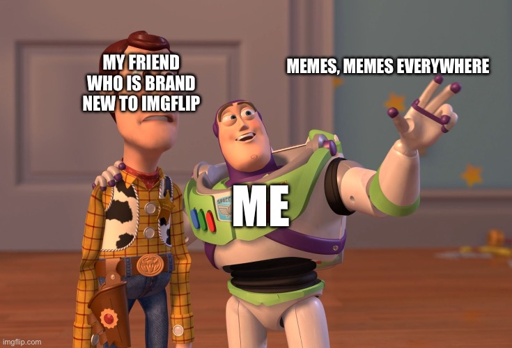 Send this to a friend of yours who is brand new to Imgflip. | MY FRIEND WHO IS BRAND NEW TO IMGFLIP; MEMES, MEMES EVERYWHERE; ME | image tagged in memes,x x everywhere | made w/ Imgflip meme maker