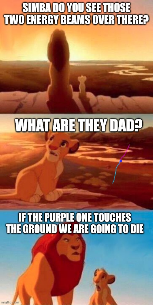 Lion King | SIMBA DO YOU SEE THOSE TWO ENERGY BEAMS OVER THERE? WHAT ARE THEY DAD? IF THE PURPLE ONE TOUCHES THE GROUND WE ARE GOING TO DIE | image tagged in lion king | made w/ Imgflip meme maker