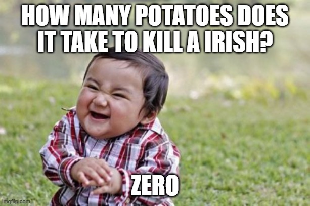 1840s flashbacks | HOW MANY POTATOES DOES IT TAKE TO KILL A IRISH? ZERO | image tagged in memes,evil toddler | made w/ Imgflip meme maker