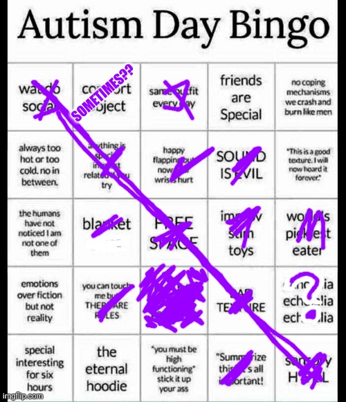 diagnosed autistic here | SOMETIMES?? | image tagged in autism bingo | made w/ Imgflip meme maker