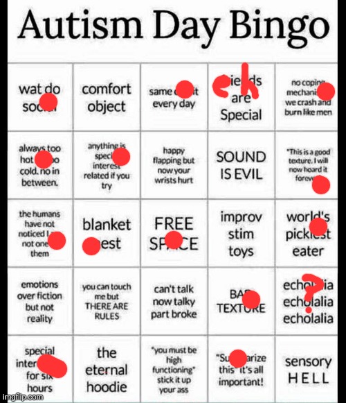 Whoever happy flaps is faking it tbh. Only time I flap my hands is when my hand hurts | image tagged in autism bingo | made w/ Imgflip meme maker