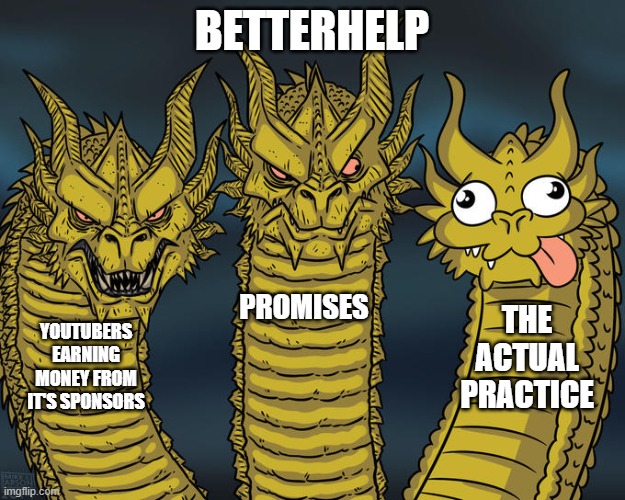 Sponsorship stupidity | BETTERHELP; PROMISES; THE ACTUAL PRACTICE; YOUTUBERS EARNING MONEY FROM IT'S SPONSORS | image tagged in three-headed dragon | made w/ Imgflip meme maker