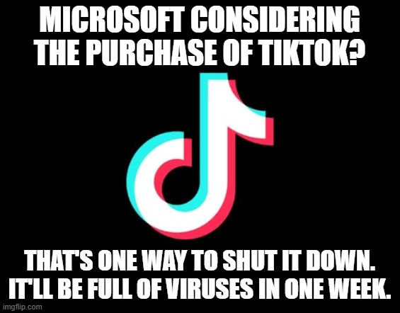 Never was on it and this will insure I never am | MICROSOFT CONSIDERING THE PURCHASE OF TIKTOK? THAT'S ONE WAY TO SHUT IT DOWN. IT'LL BE FULL OF VIRUSES IN ONE WEEK. | image tagged in microsoft,tiktok sucks | made w/ Imgflip meme maker