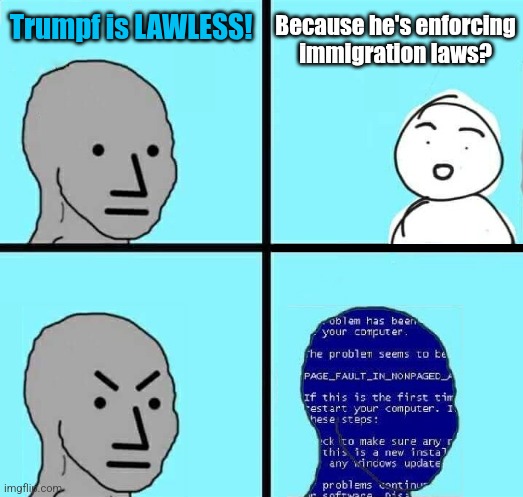 NPC Blue Screen | Because he's enforcing
immigration laws? Trumpf is LAWLESS! | image tagged in npc blue screen,memes,trump derangement syndrome,immigration laws,migrants,lawless | made w/ Imgflip meme maker