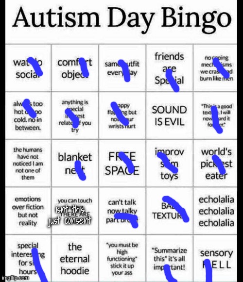 also the creator doesn’t understand the idea of a summary i don’t think m | isnt this just consent | image tagged in autism bingo | made w/ Imgflip meme maker