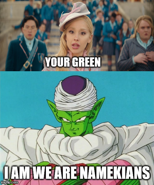 your green piccolo | YOUR GREEN; I AM WE ARE NAMEKIANS | image tagged in bad teacher piccolo,dragon ball z,anime,wicked,green,crossover memes | made w/ Imgflip meme maker