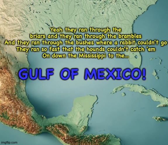 It rhymes | Yeah they ran through the briars and they ran through the brambles
And they ran through the bushes where a rabbit couldn't go
They ran so fast that the hounds couldn't catch 'em
On down the Mississippi to the... GULF OF MEXICO! | image tagged in gulf of what | made w/ Imgflip meme maker