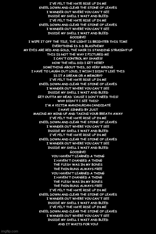 Wait and Bleed by Slipknot lyrics just bc :) | I'VE FELT THE HATE RISE UP IN ME
KNEEL DOWN AND CLEAR THE STONE OF LEAVES
I WANDER OUT WHERE YOU CAN'T SEE
INSIDE MY SHELL I WAIT AND BLEED
I'VE FELT THE HATE RISE UP IN ME
KNEEL DOWN AND CLEAR THE STONE OF LEAVES
I WANDER OUT WHERE YOU CAN'T SEE
INSIDE MY SHELL I WAIT AND BLEED
GOODBYE!
I WIPE IT OFF THE TILE, THE LIGHT IS BRIGHTER THIS TIME
EVERYTHING IS 3-D BLASPHEMY
MY EYES ARE RED AND GOLD, THE HAIR IS STANDING STRAIGHT UP
THIS IS NOT THE WAY I PICTURED ME
I CAN'T CONTROL MY SHAKES!
HOW THE HELL DID I GET HERE?
SOMETHING ABOUT THIS, SO VERY WRONG
I HAVE TO LAUGH OUT LOUD, I WISH I DIDN'T LIKE THIS
IS IT A DREAM OR A MEMORY?
I'VE FELT THE HATE RISE UP IN ME
KNEEL DOWN AND CLEAR THE STONE OF LEAVES
I WANDER OUT WHERE YOU CAN'T SEE
INSIDE MY SHELL I WAIT AND BLEED
GET OUTTA MY HEAD 'CAUSE I DON'T NEED THIS!
WHY DIDN'T I SEE THIS?
I'M A VICTIM MANCHURIAN CANDIDATE
I HAVE SINNED BY JUST
MAKING MY MIND UP AND TAKING YOUR BREATH AWAY
I'VE FELT THE HATE RISE UP IN ME
KNEEL DOWN AND CLEAR THE STONE OF LEAVES
I WANDER OUT WHERE YOU CAN'T SEE
INSIDE MY SHELL I WAIT AND BLEED
I'VE FELT THE HATE RISE UP IN ME
KNEEL DOWN AND CLEAR THE STONE OF LEAVES
I WANDER OUT WHERE YOU CAN'T SEE
INSIDE MY SHELL I WAIT AND BLEED
GOODBYE!
YOU HAVEN'T LEARNED A THING
I HAVEN'T CHANGED A THING
THE FLESH WAS IN MY BONES
THE PAIN RUNS ALWAYS FREE
YOU HAVEN'T LEARNED A THING
I HAVEN'T CHANGED A THING
THE FLESH WAS IN MY BONES
THE PAIN RUNS ALWAYS FREE
I'VE FELT THE HATE RISE UP IN ME
KNEEL DOWN AND CLEAR THE STONE OF LEAVES
I WANDER OUT WHERE YOU CAN'T SEE
INSIDE MY SHELL I WAIT AND BLEED
I'VE FELT THE HATE RISE UP IN ME
KNEEL DOWN AND CLEAR THE STONE OF LEAVES
I WANDER OUT WHERE YOU CAN'T SEE
INSIDE MY SHELL I WAIT AND BLEED
AND IT WAITS FOR YOU! | image tagged in slipknot | made w/ Imgflip meme maker