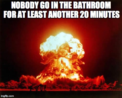 Nuclear Explosion | NOBODY GO IN THE BATHROOM FOR AT LEAST ANOTHER 20 MINUTES | image tagged in memes,nuclear explosion | made w/ Imgflip meme maker