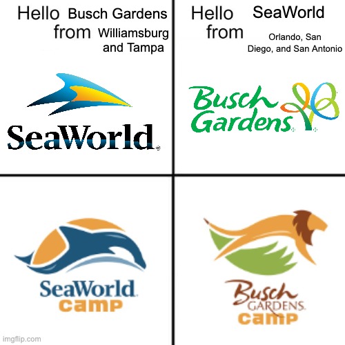 Like father, like son. | SeaWorld; Busch Gardens; Williamsburg and Tampa; Orlando, San Diego, and San Antonio | image tagged in hello person from,seaworld,busch gardens,camp | made w/ Imgflip meme maker