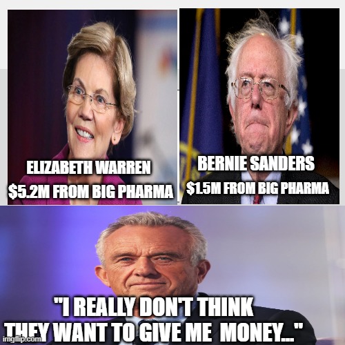 It should be Obvious by now. | BERNIE SANDERS; ELIZABETH WARREN; $1.5M FROM BIG PHARMA; $5.2M FROM BIG PHARMA; "I REALLY DON'T THINK THEY WANT TO GIVE ME  MONEY..." | image tagged in blank three panel,big pharma,democrats,bernie sanders,elizabeth warren | made w/ Imgflip meme maker