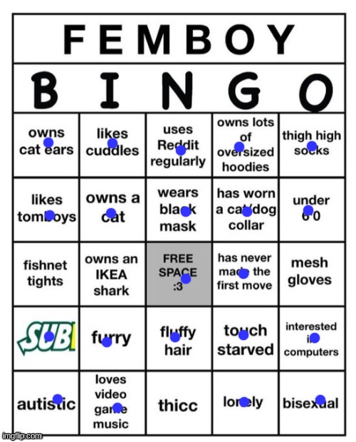 I'm a femboy ig >w< | image tagged in femboy bingo | made w/ Imgflip meme maker