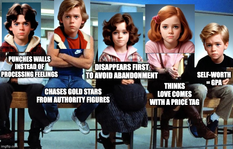 Group Therapy | PUNCHES WALLS INSTEAD OF PROCESSING FEELINGS; DISAPPEARS FIRST TO AVOID ABANDONMENT; SELF-WORTH = GPA; THINKS LOVE COMES WITH A PRICE TAG; CHASES GOLD STARS FROM AUTHORITY FIGURES | image tagged in memes,generation x,millennials,breakfast club,therapy,1980s | made w/ Imgflip meme maker