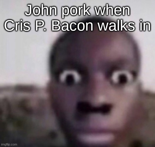 Cris P. Bacon is an actual pig, he was born without his back legs and works with charity | John pork when Cris P. Bacon walks in | image tagged in bruh what | made w/ Imgflip meme maker