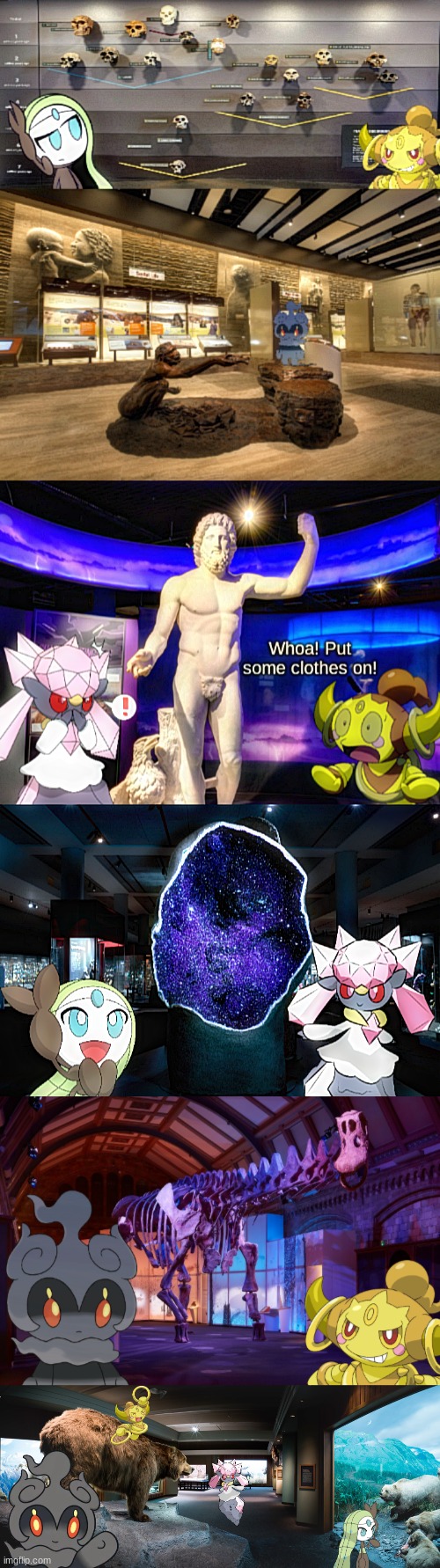 The 4 Mythicals at a Natural History Museum.mp3 | image tagged in the 4 mythicals,kage and melody,chip and kessho | made w/ Imgflip meme maker