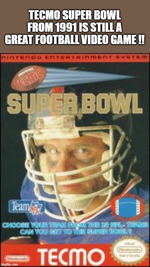 memes by Brad - Tecmo Super Bowl from 1991 is still a great game | TECMO SUPER BOWL FROM 1991 IS STILL A GREAT FOOTBALL VIDEO GAME !! | image tagged in sports,video games,pc gaming,nfl football,computer,classic | made w/ Imgflip meme maker