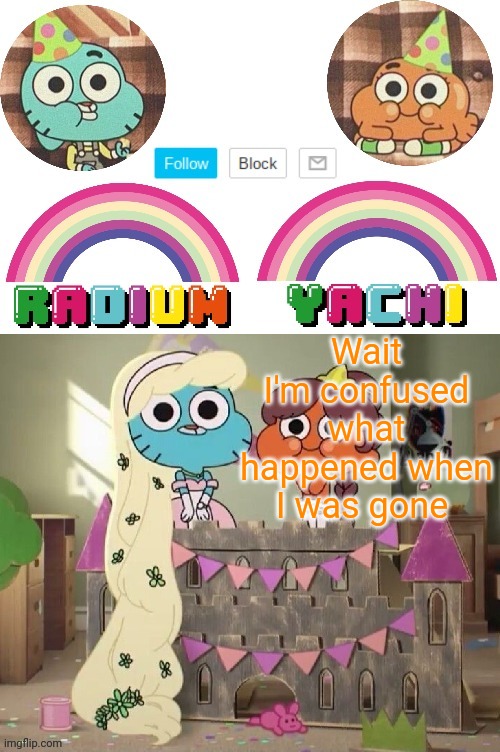 Radium and Yachis temp | Wait I'm confused what happened when I was gone | image tagged in radium and yachis temp | made w/ Imgflip meme maker