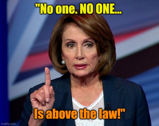 Nanci Pelosi Finger | "No one. NO ONE... Is above the law!" | image tagged in nanci pelosi finger | made w/ Imgflip meme maker