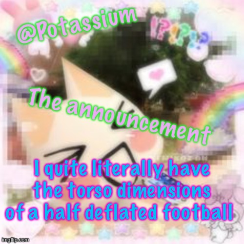 Potassium's Sillycore Template | I quite literally have the torso dimensions of a half deflated football | image tagged in potassium's sillycore template | made w/ Imgflip meme maker