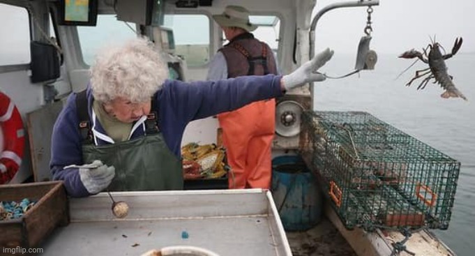 Old lady throwing lobster away | image tagged in old lady throwing lobster away | made w/ Imgflip meme maker