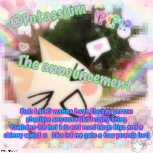 Potassium's Sillycore Template | Dude I don't wanna have the gay person physique anymore like I enjoy being feminine-ish but I do not need large hips and a skinny waist :c   Like let me gain a few pounds lord | image tagged in potassium's sillycore template | made w/ Imgflip meme maker