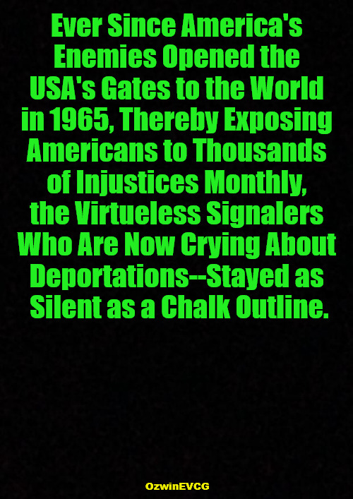 [ Rivers of Tears, Oceans of Blood ] | Ever Since America's 

Enemies Opened the 

USA's Gates to the World 

in 1965, Thereby Exposing 

Americans to Thousands 

of Injustices Monthly, 

the Virtueless Signalers 

Who Are Now Crying About 

Deportations--Stayed as 

Silent as a Chalk Outline. OzwinEVCG | image tagged in liberal logic,foreign subversion,liberal hypocrisy,invasion usa,double standard,culture of critique | made w/ Imgflip meme maker