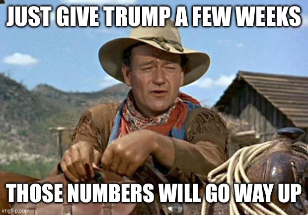 John wayne | JUST GIVE TRUMP A FEW WEEKS THOSE NUMBERS WILL GO WAY UP | image tagged in john wayne | made w/ Imgflip meme maker