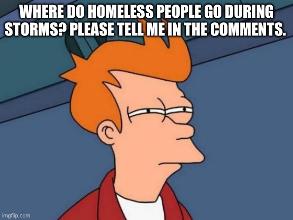 Futurama Fry | WHERE DO HOMELESS PEOPLE GO DURING STORMS? PLEASE TELL ME IN THE COMMENTS. | image tagged in memes,futurama fry | made w/ Imgflip meme maker