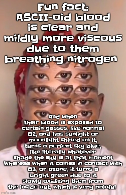 Instead of using iron, their blood uses cobalt and vanadium | And when their blood is exposed to certain gasses, like normal O2, and has sunlight or moonlight shined on it, turns a perfect sky blue, like literally whatever shade the sky is at that moment

Whereas when it comes in contact with O3, or ozone, it turns a bright green due to it slowly oxidizing them from the inside out, which is very painful; Fun fact: ASCII-oid blood is clear and mildly more viscous due to them breathing nitrogen | image tagged in think ts a game | made w/ Imgflip meme maker