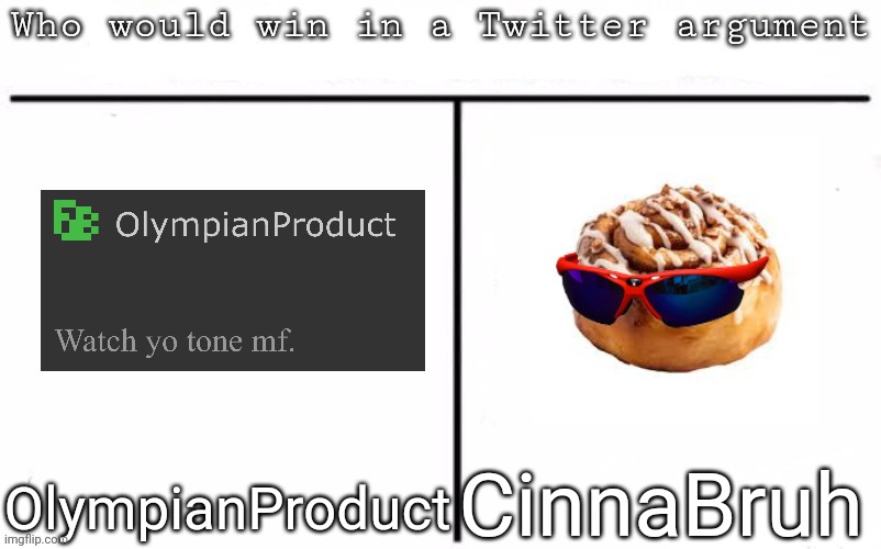 Pitting random mfs against each other | CinnaBruh; OlympianProduct | image tagged in pitting random mfs against each other,memes,msmg | made w/ Imgflip meme maker