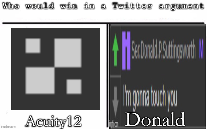battle of the global mods | Donald; Acuity12 | image tagged in pitting random mfs against each other | made w/ Imgflip meme maker