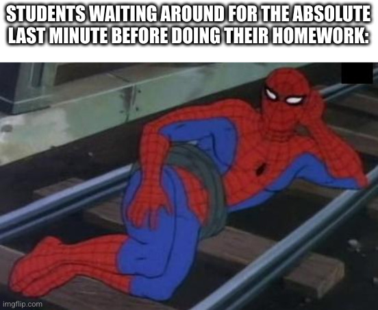 United by Procrastination | STUDENTS WAITING AROUND FOR THE ABSOLUTE LAST MINUTE BEFORE DOING THEIR HOMEWORK: | image tagged in memes,sexy railroad spiderman,spiderman | made w/ Imgflip meme maker