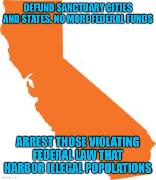 california | DEFUND SANCTUARY CITIES AND STATES. NO MORE FEDERAL FUNDS ARREST THOSE VIOLATING FEDERAL LAW THAT HARBOR ILLEGAL POPULATIONS | image tagged in california | made w/ Imgflip meme maker