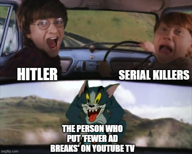 Youtube ads on TV | SERIAL KILLERS; HITLER; THE PERSON WHO PUT 'FEWER AD BREAKS' ON YOUTUBE TV | image tagged in tom chasing harry and ron weasly,youtube,youtube ads,relatable | made w/ Imgflip meme maker