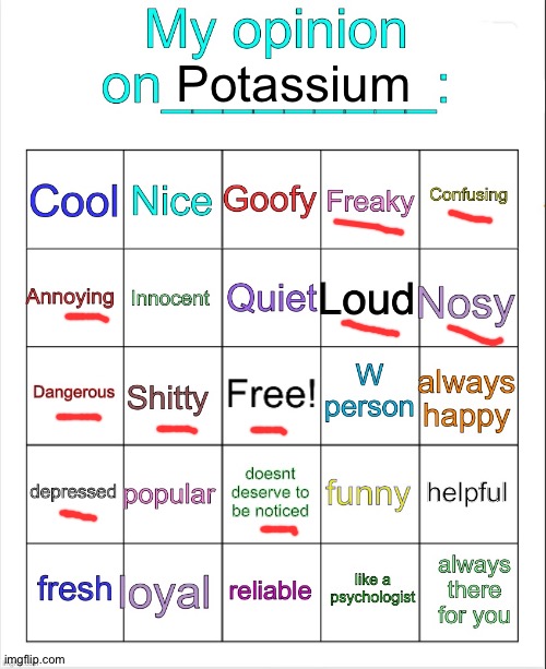 My opinion on ___ bingo by owu | Potassium | image tagged in my opinion on ___ bingo by owu | made w/ Imgflip meme maker