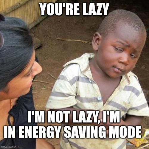 Third World Skeptical Kid | YOU'RE LAZY; I'M NOT LAZY, I'M IN ENERGY SAVING MODE | image tagged in memes,third world skeptical kid | made w/ Imgflip meme maker