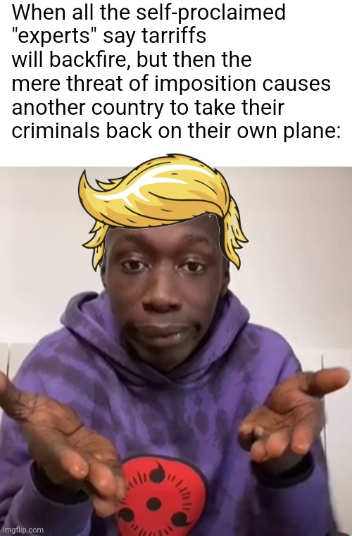 Khaby Lame Obvious | When all the self-proclaimed "experts" say tarriffs will backfire, but then the mere threat of imposition causes another country to take their criminals back on their own plane: | image tagged in khaby lame obvious,president trump,political meme | made w/ Imgflip meme maker