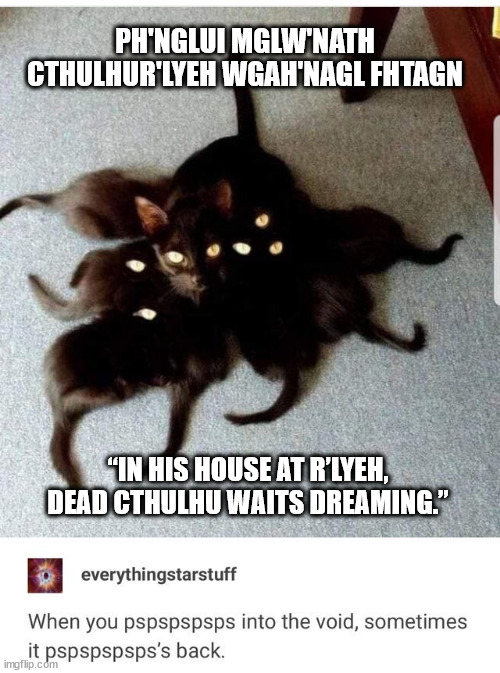 Cuthulu Cat | PH'NGLUI MGLW'NATH CTHULHUR'LYEH WGAH'NAGL FHTAGN; “IN HIS HOUSE AT R’LYEH, DEAD CTHULHU WAITS DREAMING.” | image tagged in cthulhu,cat,horror,optical illusion | made w/ Imgflip meme maker