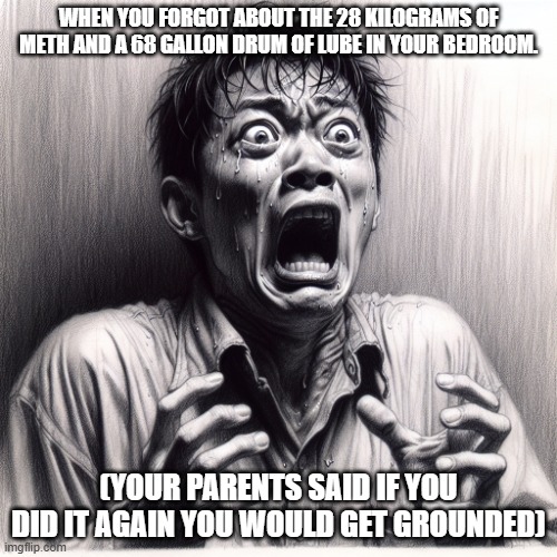 Horrified Man | WHEN YOU FORGOT ABOUT THE 28 KILOGRAMS OF METH AND A 68 GALLON DRUM OF LUBE IN YOUR BEDROOM. (YOUR PARENTS SAID IF YOU DID IT AGAIN YOU WOULD GET GROUNDED) | image tagged in horrified man | made w/ Imgflip meme maker