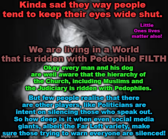 Gotta love the way the Judiciary (in particular), the Church, Politicians, cover up Filth. | Kinda sad they way people tend to keep their eyes wide shut. Little Ones lives matter also! We are living in a World that is ridden with Pedophile FILTH; Okay every man and his dog are well aware that the hierarchy of the Church, including Muslims and the Judiciary is ridden with Pedophiles. But few people realise that there are other players, like Politicians are intent on silencing those who speak out. So how deep is it when even social media giants, albeit the Far Left variety, make sure those trying to warn everyone are silenced! | image tagged in queensland australia,nsw australia,progressives,politicians,the church,far left social media | made w/ Imgflip meme maker