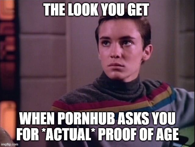 Wesley Crusher sad | THE LOOK YOU GET WHEN PORNHUB ASKS YOU FOR *ACTUAL* PROOF OF AGE | image tagged in wesley crusher sad | made w/ Imgflip meme maker