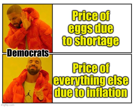 Liberal Logic | Price of eggs due to shortage; Democrats; Price of everything else due to inflation | image tagged in no - yes,liberal logic,inflation,bird,flu | made w/ Imgflip meme maker